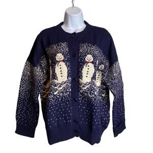 Vintage Jan Horrox Womens Blue Christmas Snowman Wool Button Up Cardigan Size 40